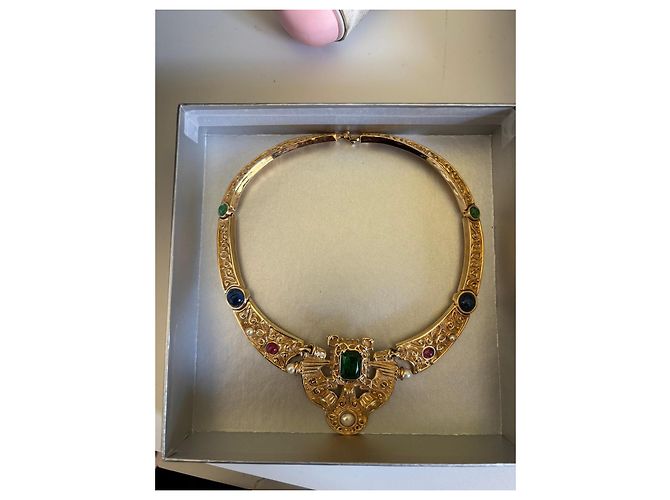 Collana Christian Dior Ornata con Pietre e Perle Rosso Blu D'oro Verde - vista 13