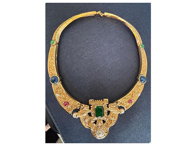 Collana Christian Dior Ornata con Pietre e Perle Rosso Blu D'oro Verde - vista 5