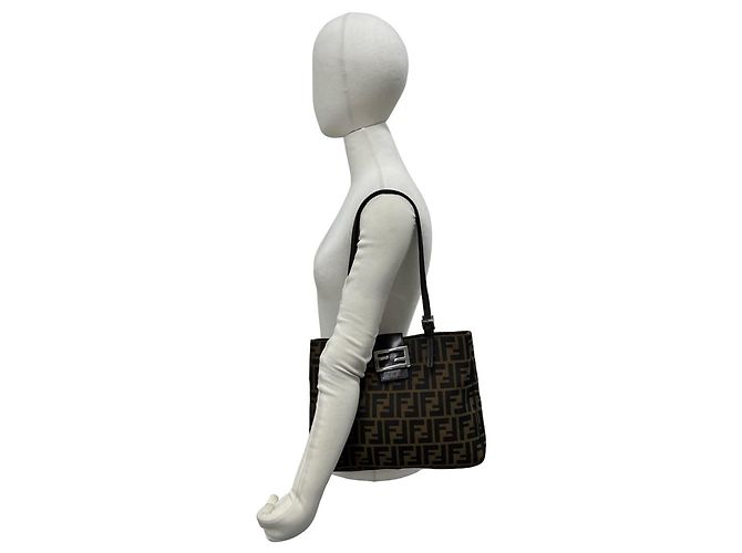 FENDI Vintage Zucca FF Pattern Canvas Leather Tote Bag Braun Schwarz - Ansicht 2