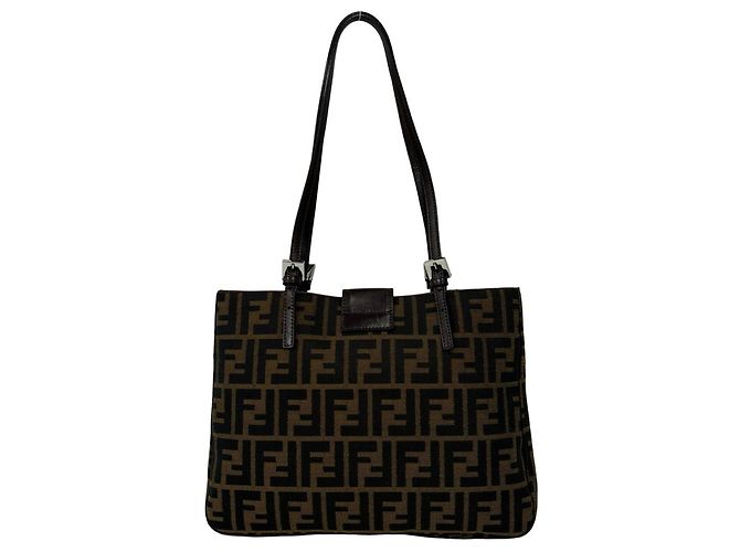 FENDI Vintage Zucca FF Pattern Canvas Leather Tote Bag Braun Schwarz - Ansicht 3