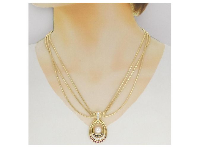 Collana Mikimoto in oro Au750 con perle, diamanti e pietre colorate D'oro - vista 6