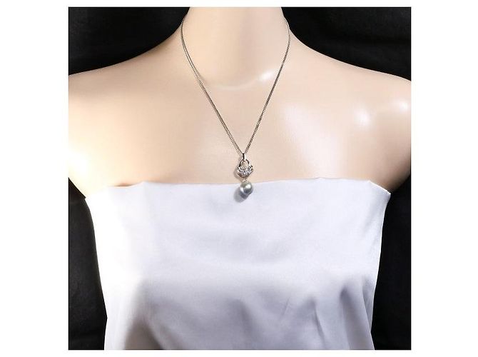 Autre Marque Collana con perle nere di Tahiti e diamanti in Pt900 Pt850 Argento - vista 6
