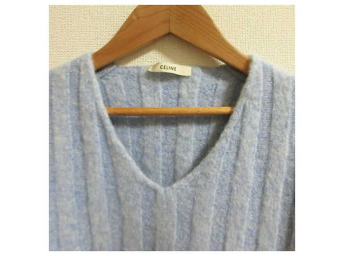 Céline Celine Mini-Strickkleid mit V-Ausschnitt und breitem Rippenstrick Blau Hellblau - Ansicht 6