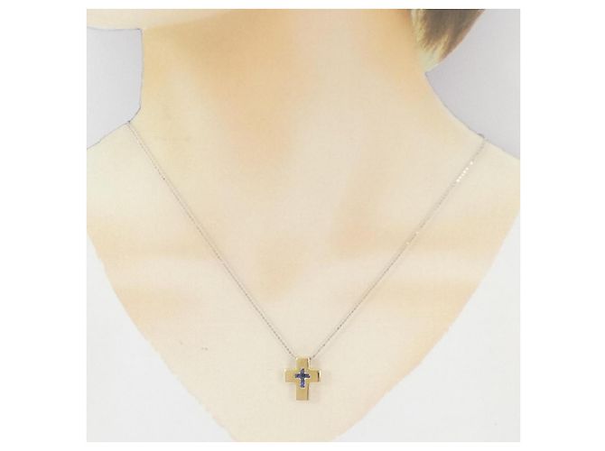 Autre Marque Collana con Croce in Oro Bianco Au750 e Platino, Zaffiro e Diamante Blu - vista 7
