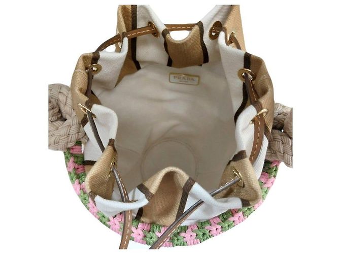 Tote Prada Mini borsa bucket in vimini con logo Triangle, corda rosa, rattan Tan Beige Marrone - vista 2