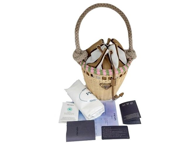 Tote Prada Mini borsa bucket in vimini con logo Triangle, corda rosa, rattan Tan Beige Marrone - vista 3