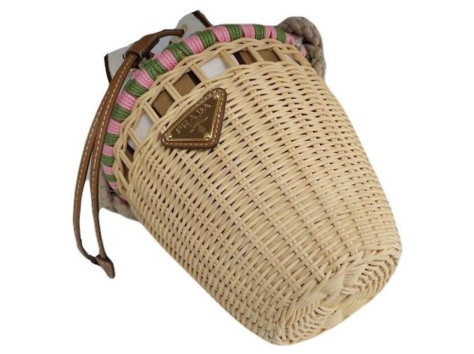 Tote Prada Mini borsa bucket in vimini con logo Triangle, corda rosa, rattan Tan Beige Marrone - vista 4