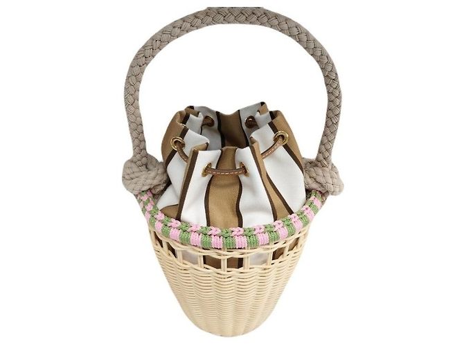 Tote Prada Mini borsa bucket in vimini con logo Triangle, corda rosa, rattan Tan Beige Marrone - vista 6