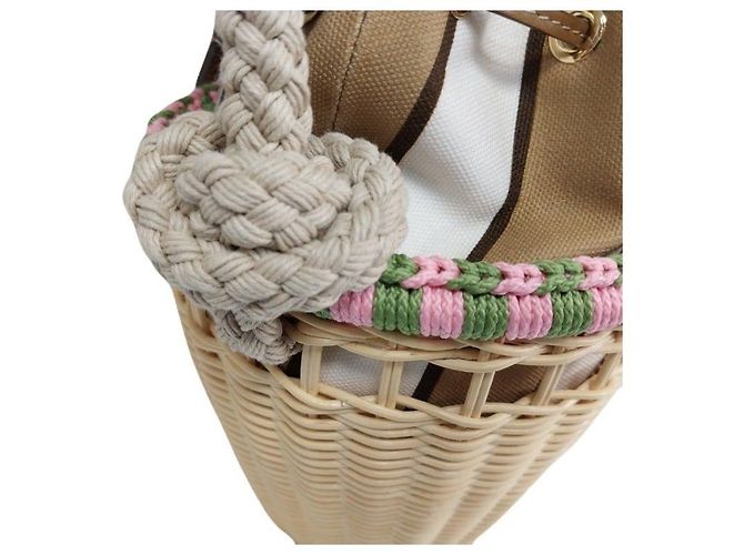 Tote Prada Mini borsa bucket in vimini con logo Triangle, corda rosa, rattan Tan Beige Marrone - vista 7