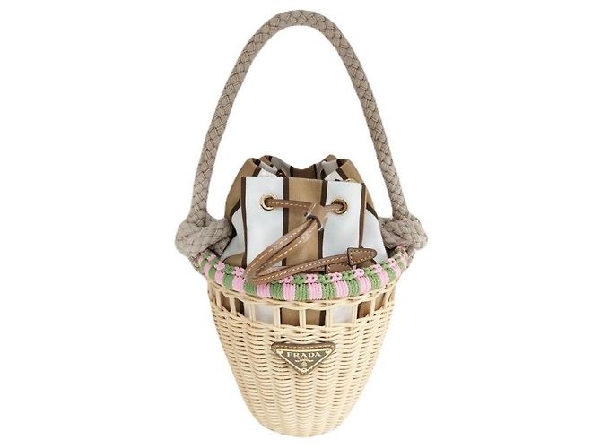 Tote Prada Mini borsa bucket in vimini con logo Triangle, corda rosa, rattan Tan Beige Marrone - vista 8