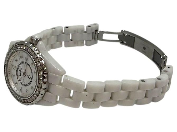 J12 Chanel Keramik-Uhr mit Perlmuttzifferblatt und Diamantindikatoren Weiß - Ansicht 7