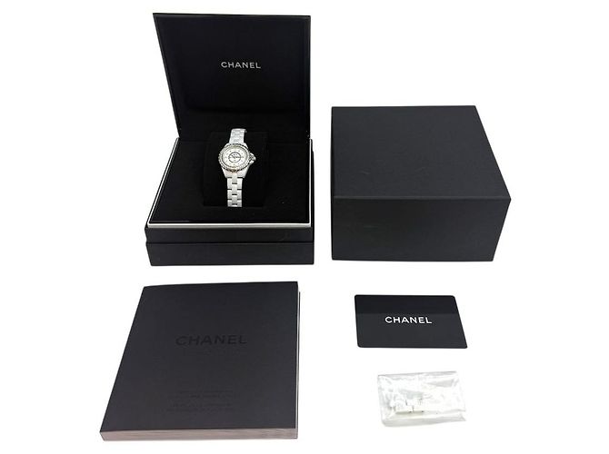 J12 Chanel Keramik-Uhr mit Perlmuttzifferblatt und Diamantindikatoren Weiß - Ansicht 8