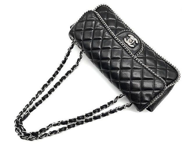 Chanel Borsa baguette in agnello con bordo a catena Nero - vista 4