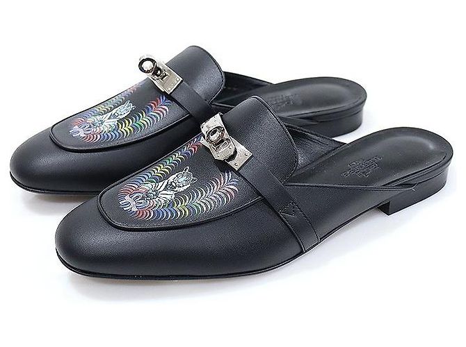 Hermès Sandalo Mule OZ da donna in pelle di vitello nera con stampa Royal Tiger argento Nero - vista 3