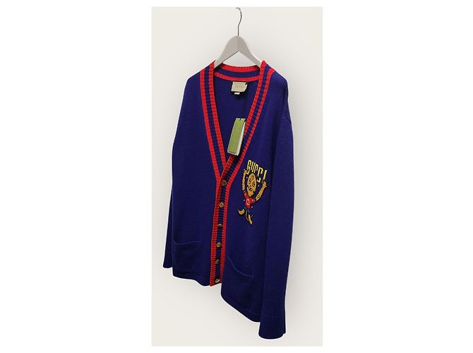 Gucci Marineblauer Cardigan mit Intarsia-Katzenlogo-Stickerei - Ansicht 2