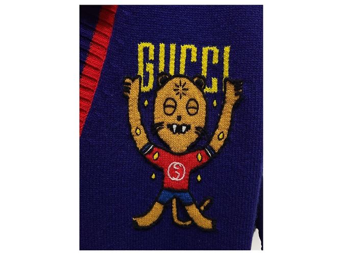 Gucci Marineblauer Cardigan mit Intarsia-Katzenlogo-Stickerei - Ansicht 3