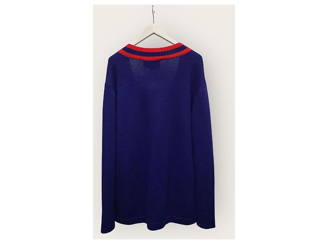 Gucci Marineblauer Cardigan mit Intarsia-Katzenlogo-Stickerei - Ansicht 4