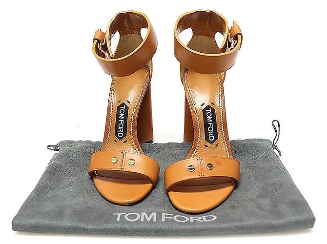 Tom Ford Sandali con tacco a blocco aperto per donna in pelle marrone e oro - vista 2
