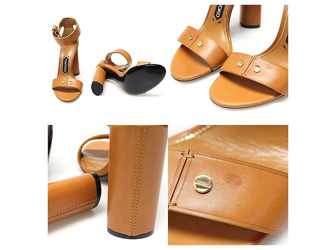 Tom Ford Sandali con tacco a blocco aperto per donna in pelle marrone e oro - vista 6