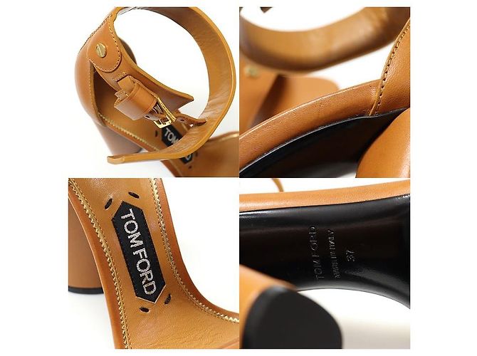 Tom Ford Sandali con tacco a blocco aperto per donna in pelle marrone e oro - vista 7