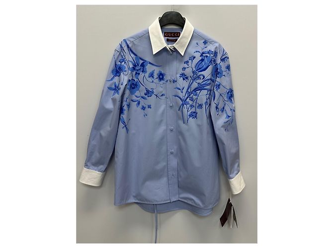 Gucci Blusa de popelina de algodón con estampado floral azul cielo - vista 2