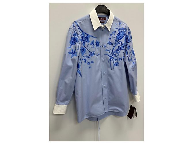 Gucci Blusa de popelina de algodón con estampado floral azul cielo - vista 3