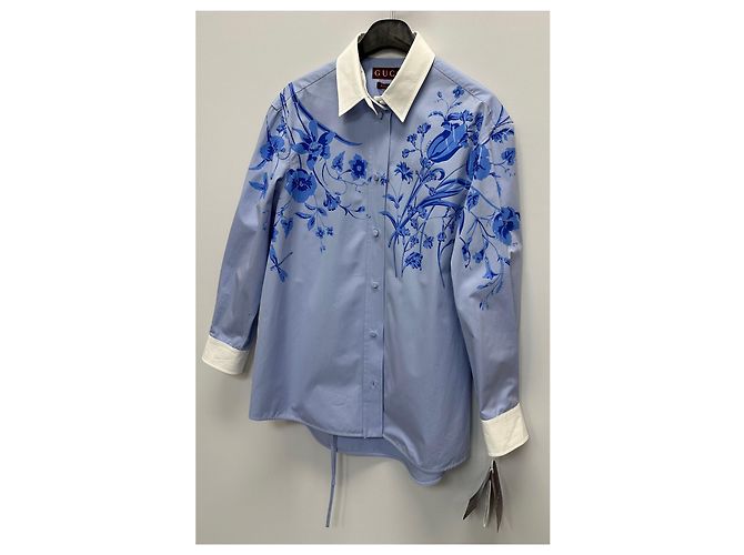 Gucci Blusa de popelina de algodón con estampado floral azul cielo - vista 4