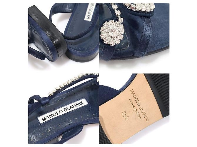 Manolo Blahnik Sandali da donna con listino FERNUSFLAT in raso blu navy e cristalli - vista 7