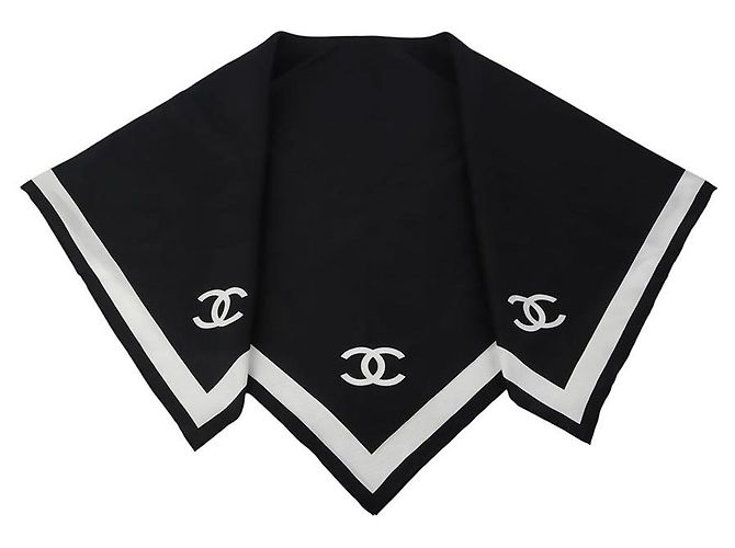 Chanel Sciarpa Quadrata in Twill di Seta Ecru Nero CC Bianco - vista 4