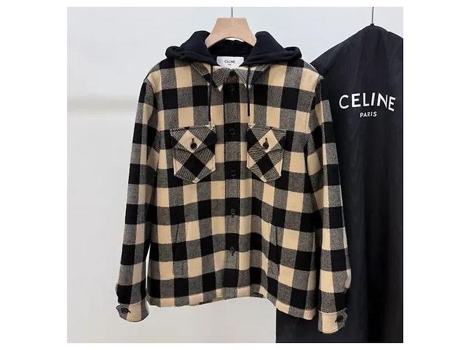 Céline Check Wool Hooded Overshirt Jacket Beige Brown - view 3
