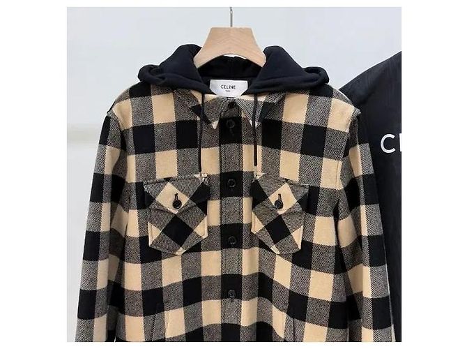 Céline Check Wool Hooded Overshirt Jacket Beige Brown - view 4