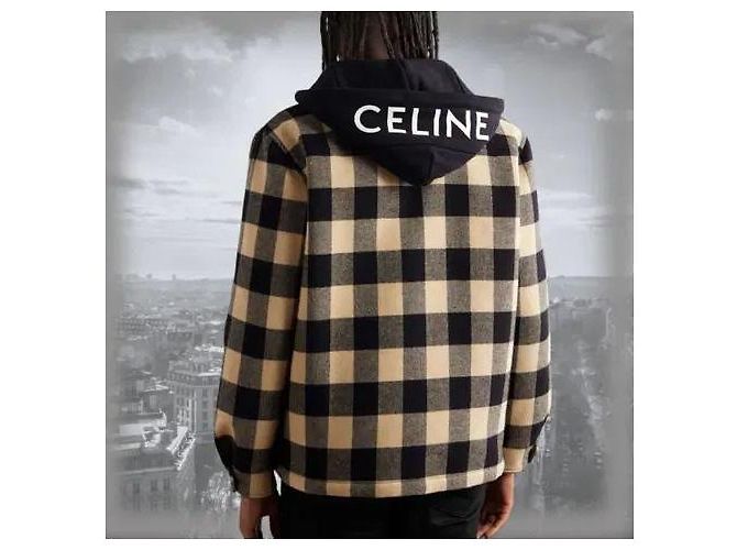 Céline Check Wool Hooded Overshirt Jacket Beige Brown - view 7