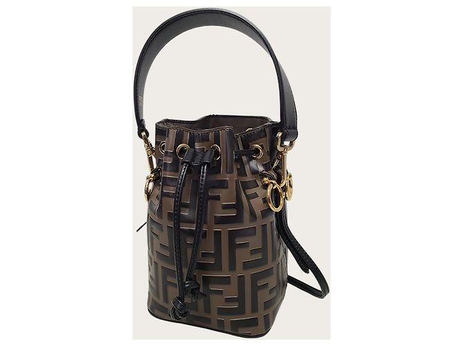 Fendi Mini borsa a secchiello Montrezor in pelle marrone con logo FF - vista 2