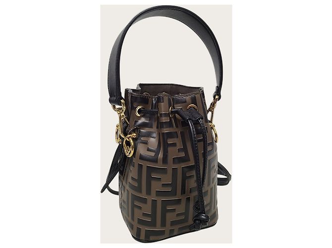 Fendi Mini borsa a secchiello Montrezor in pelle marrone con logo FF - vista 3