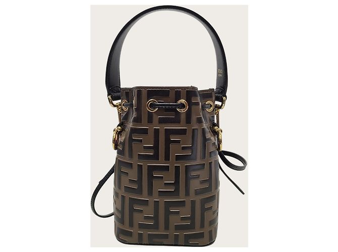 Fendi Mini borsa a secchiello Montrezor in pelle marrone con logo FF - vista 5