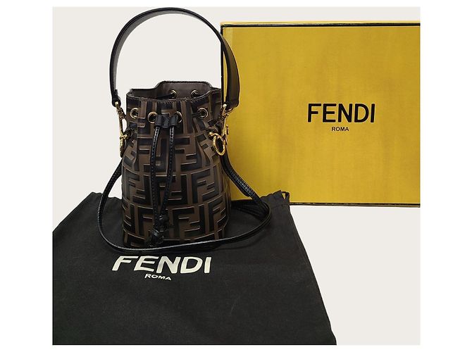 Fendi Mini borsa a secchiello Montrezor in pelle marrone con logo FF - vista 7