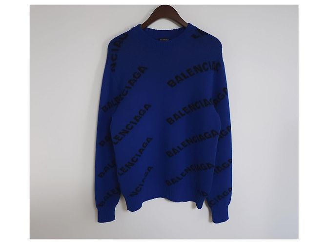 Balenciaga XS Cobalt Blue Multi-Logo Wool Knit - view 6