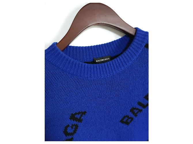 Balenciaga XS Cobalt Blue Multi-Logo Wool Knit - view 7