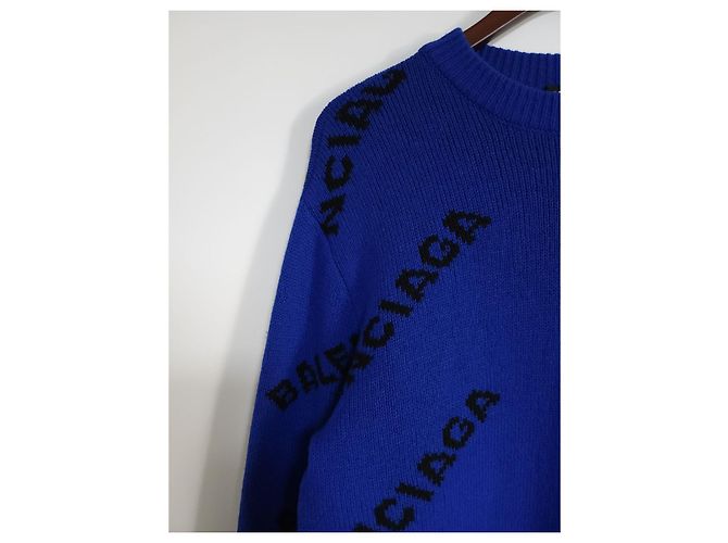 Balenciaga XS Cobalt Blue Multi-Logo Wool Knit - view 8
