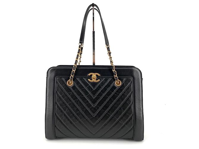 Chanel Borsa a tracolla shopper in pelle di vitello chevron con catena Nero - vista 2
