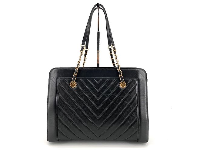 Chanel Borsa a tracolla shopper in pelle di vitello chevron con catena Nero - vista 3