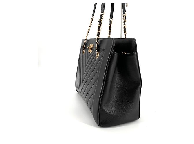Chanel Borsa a tracolla shopper in pelle di vitello chevron con catena Nero - vista 4