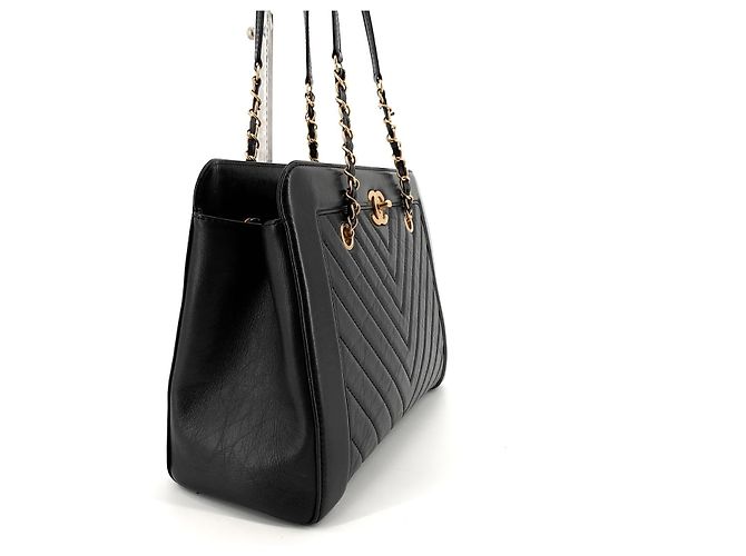 Chanel Borsa a tracolla shopper in pelle di vitello chevron con catena Nero - vista 5