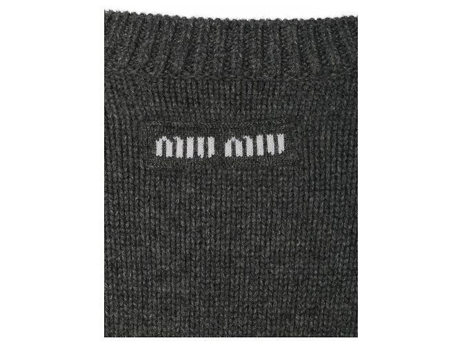 Miu Miu Pull en maille en cachemire avec logo blanc Gris Marron - vue 3