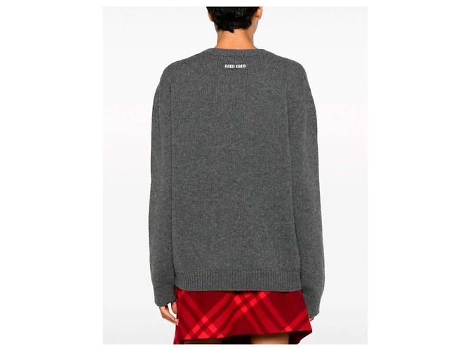 Miu Miu Pull en maille en cachemire avec logo blanc Gris Marron - vue 7