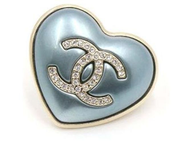Chanel Broche para mujer Crystal CC Double Heart Blue Gold Azul - vista 3