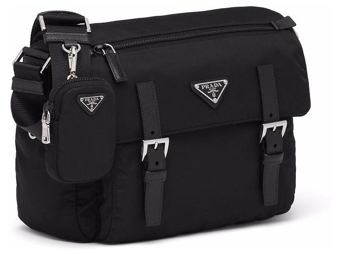 Prada Borsa a tracolla in nylon con placca logo Nero - vista 3