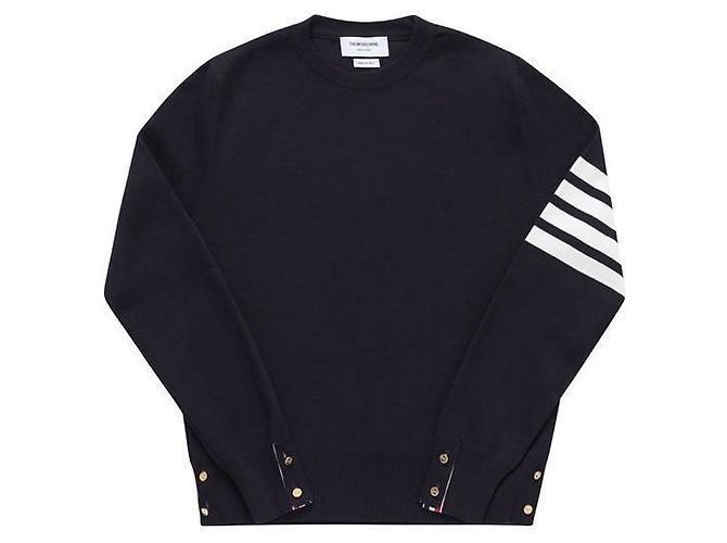 Thom Browne Gestrickter Herrenpullover mit Streifen im Milano-Stich in Navy Blau - Ansicht 3