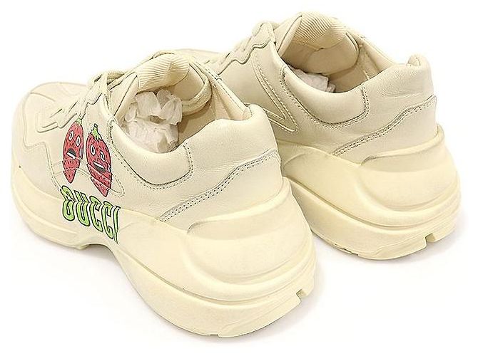 Gucci Ivory Leder Damen-Sneaker mit Erdbeerprint und Messing Weiß - Ansicht 4