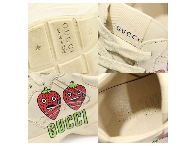 Gucci Ivory Leder Damen-Sneaker mit Erdbeerprint und Messing Weiß - Ansicht 7